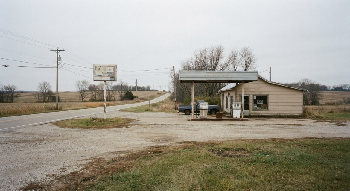 A rural crossroads with a single gas station and no other businesses in sight