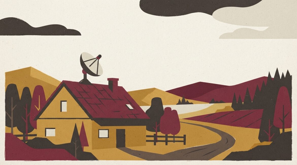 A satellite internet dish mounted on a rural rooftop against an open sky