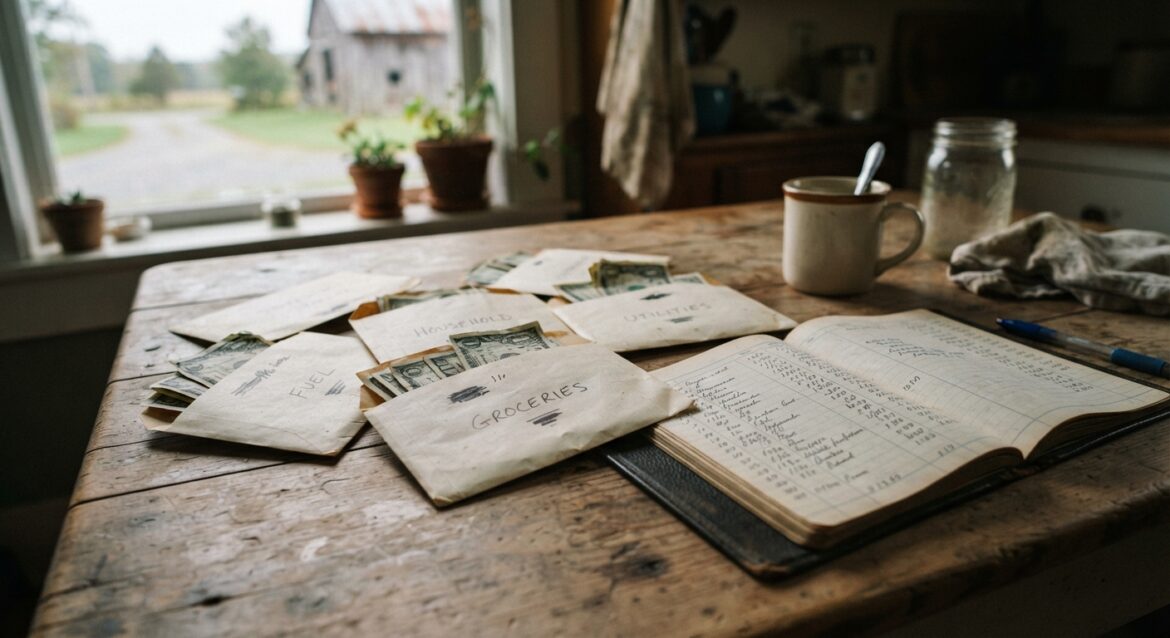 Labeled cash envelopes on a farmhouse kitchen table next to a ledger book