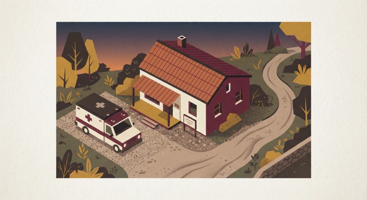 An ambulance parked outside a small rural clinic at dusk