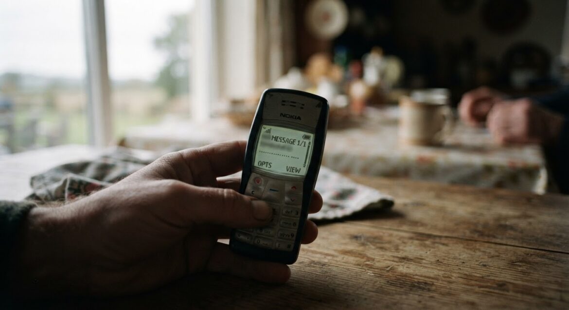 A basic cell phone showing a text message alert with a weak signal icon