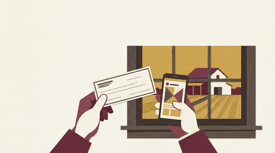 A hand holding a check up to a smartphone camera near a farmhouse window