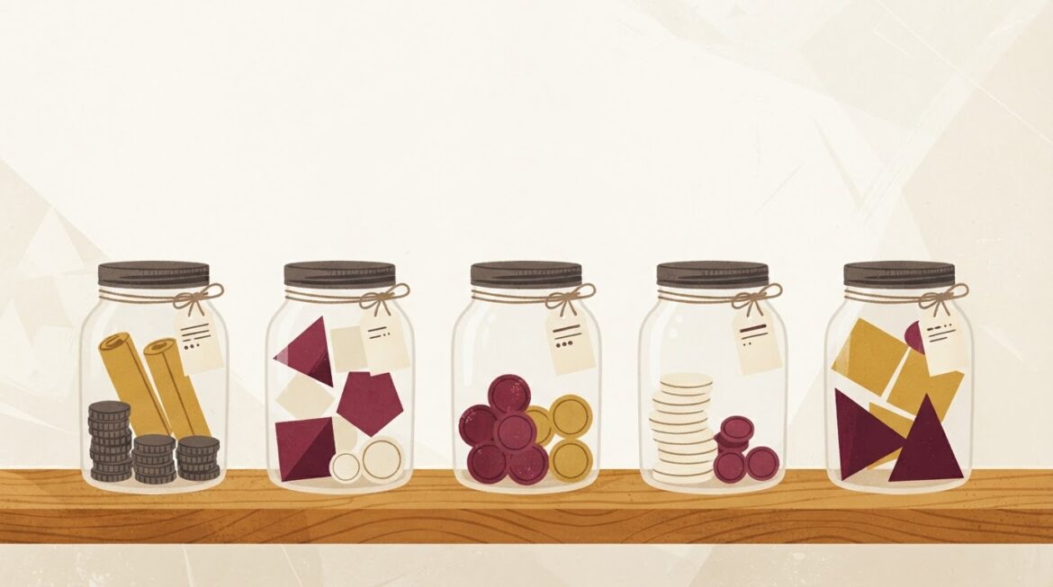 Several labeled savings jars arranged on a wooden shelf