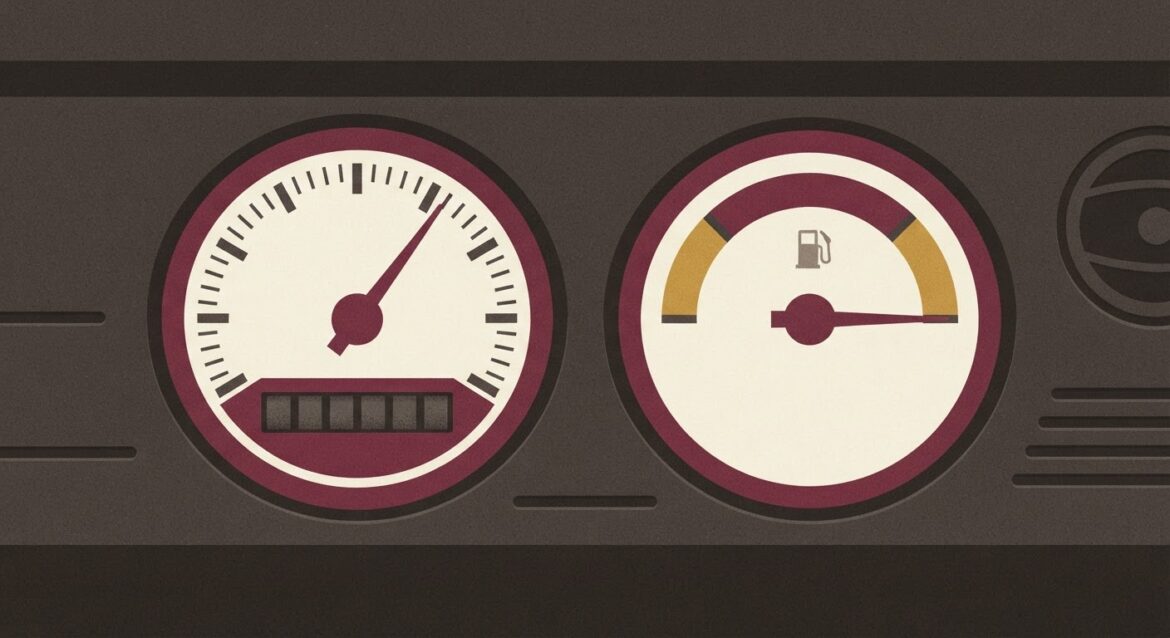 An odometer and fuel gauge close-up inside a truck dashboard