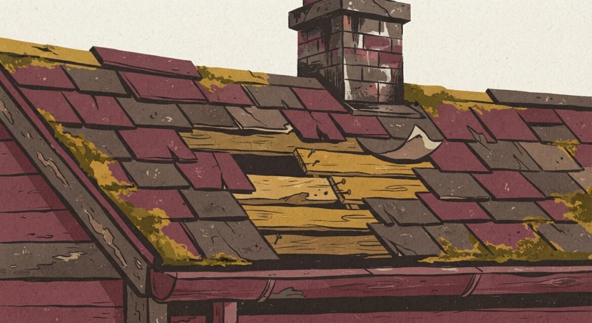 A weathered rural home roof with visible repair needs