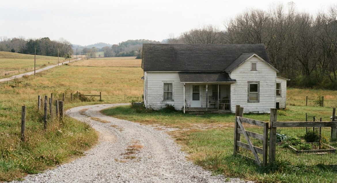 A modest farmhouse with a gravel driveway and open field behind it
