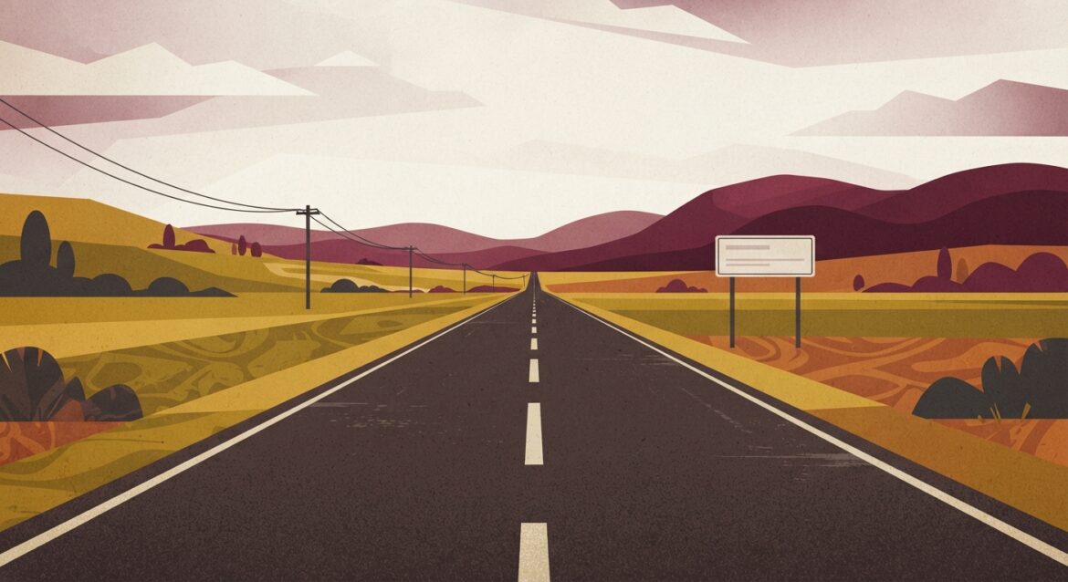 A lone rural highway stretching toward distant hills with a hospital sign far off