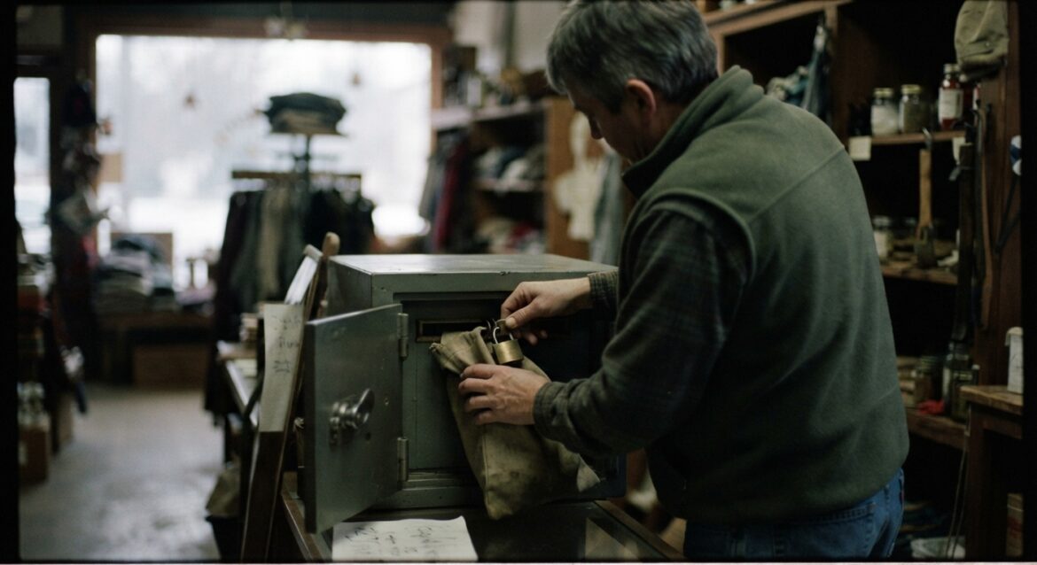 A small-town shop owner locking a metal cash deposit bag inside a drop safe after closing, storefront lights dim behind them