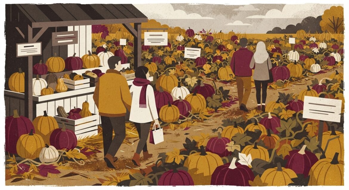 A family farm stand with a pumpkin patch and visitors walking through rows of crops