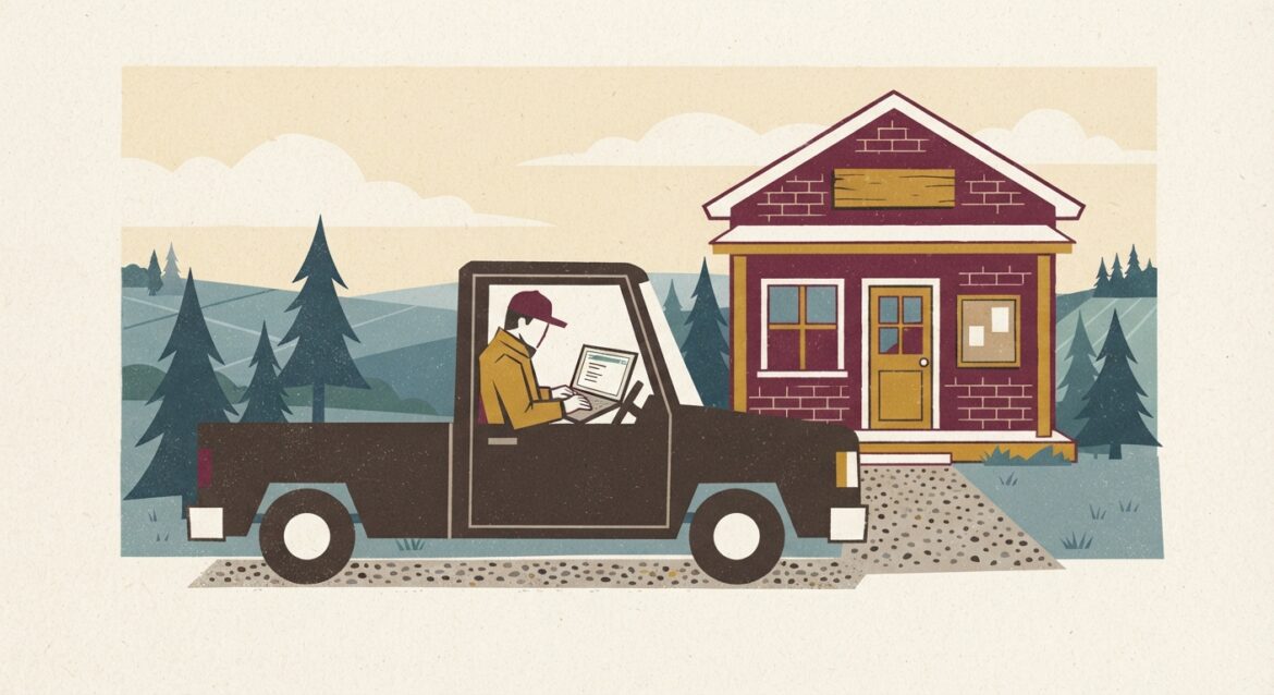 A person sitting in a parked truck outside a small rural library using a laptop for banking