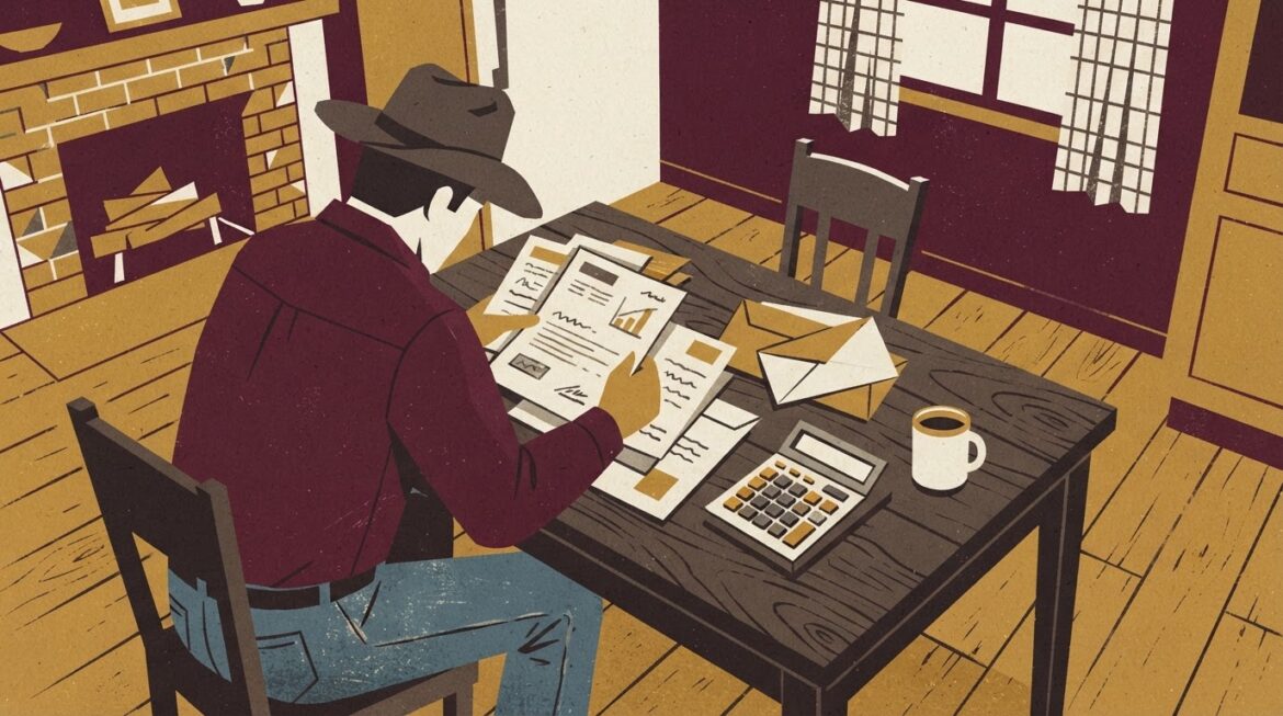 A rancher at a kitchen table reviewing bank statements and a credit card offer with a calculator nearby