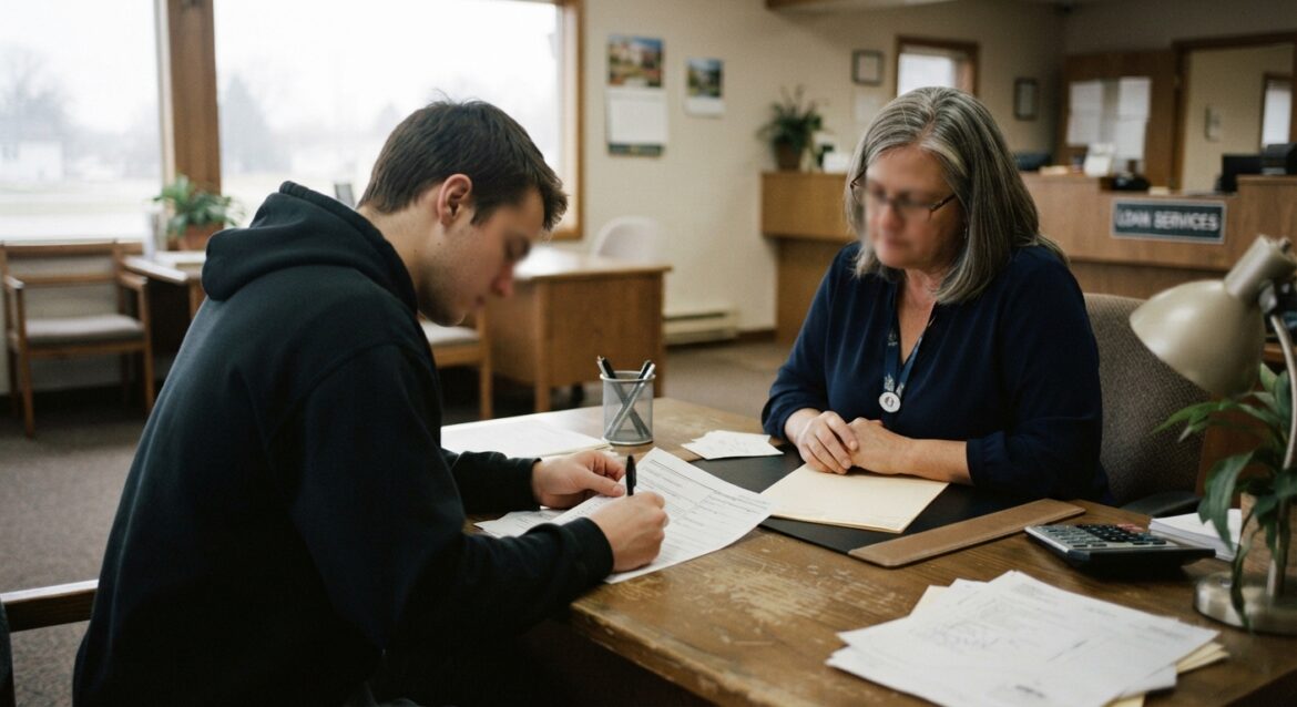 A young adult sitting across from a credit union loan officer, filling out a first credit application in a small-town branch
