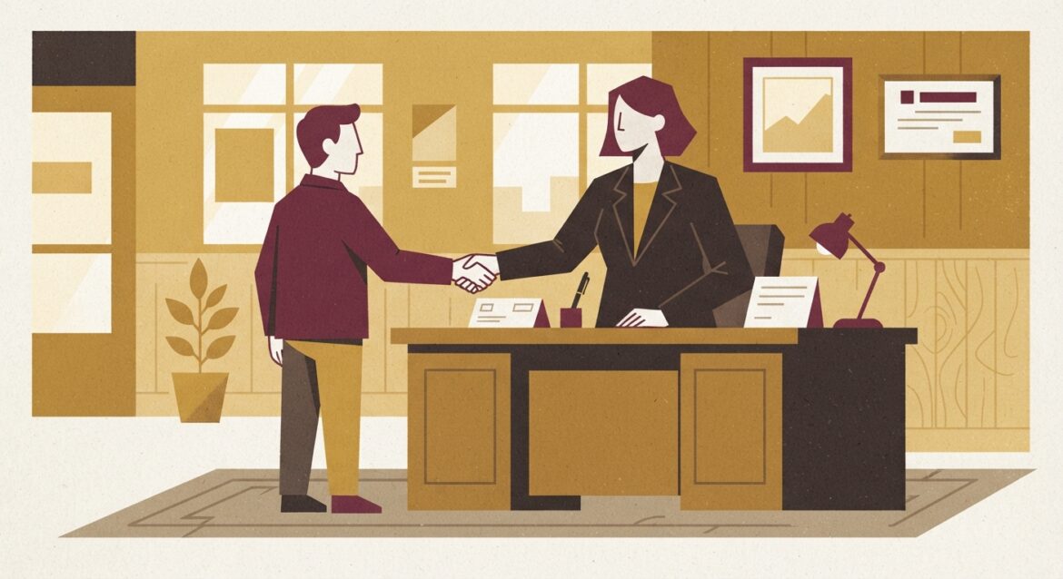 a community banker and a local customer shaking hands across a modest small-town bank desk