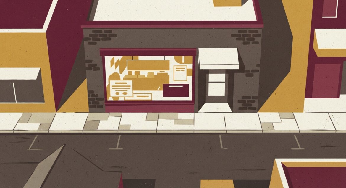 A small-town check-cashing storefront window with fee signage, seen from across a quiet main street