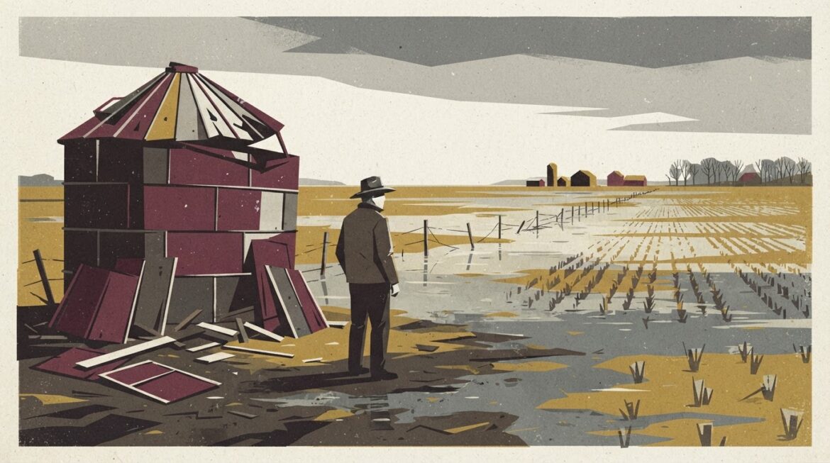 A farmer standing between a damaged grain bin and a flooded field after a storm