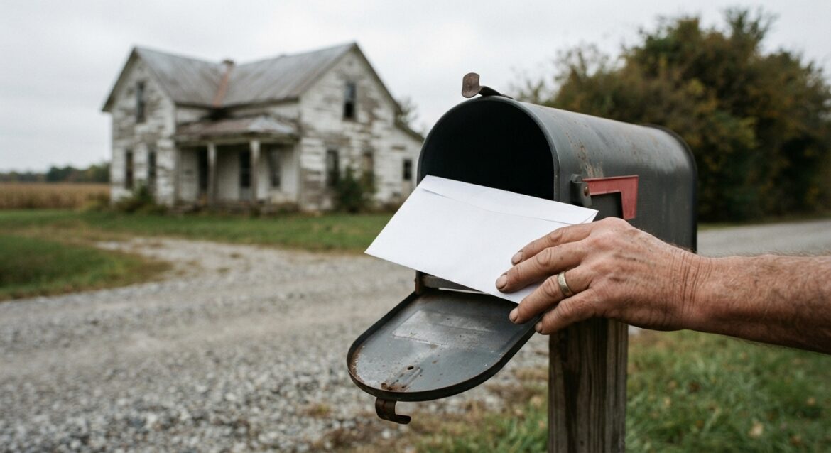 A farmhouse mailbox with a USDA loan denial letter being pulled out by a weathered hand