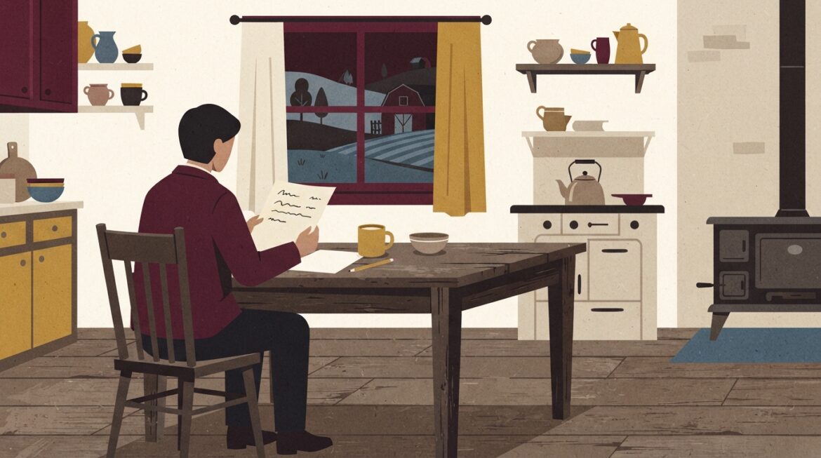 A rural homeowner reading an insurance nonrenewal letter at their kitchen table
