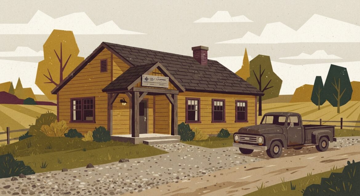 A weathered rural Farm Credit System office building with a pickup truck parked outside
