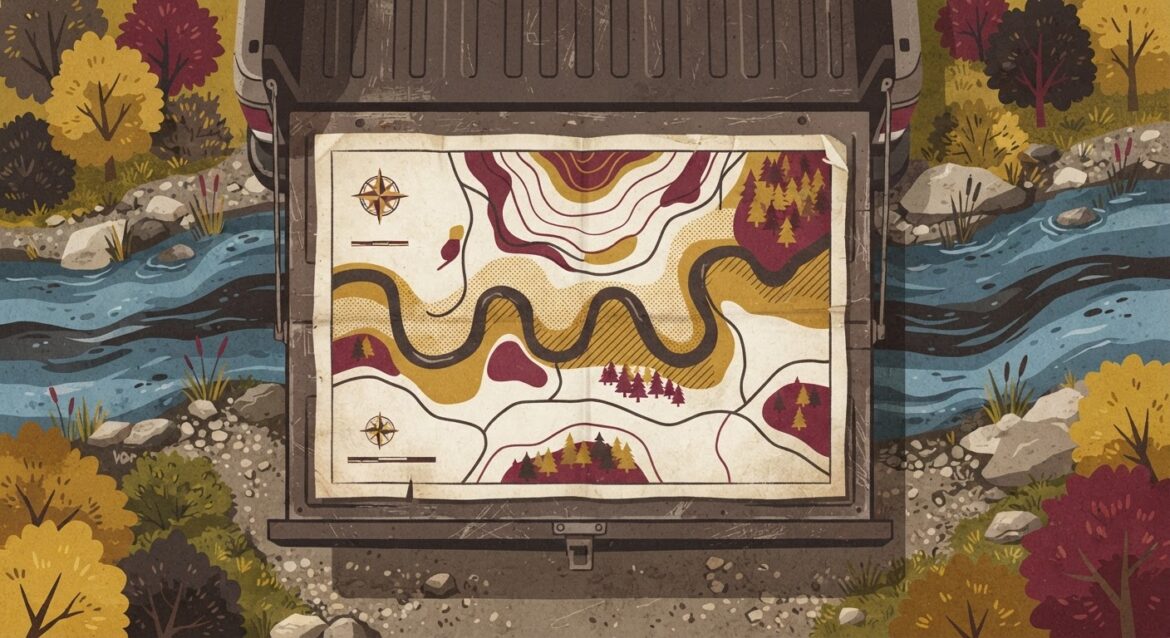 A weathered paper flood map spread on a truck tailboard next to an actual creek