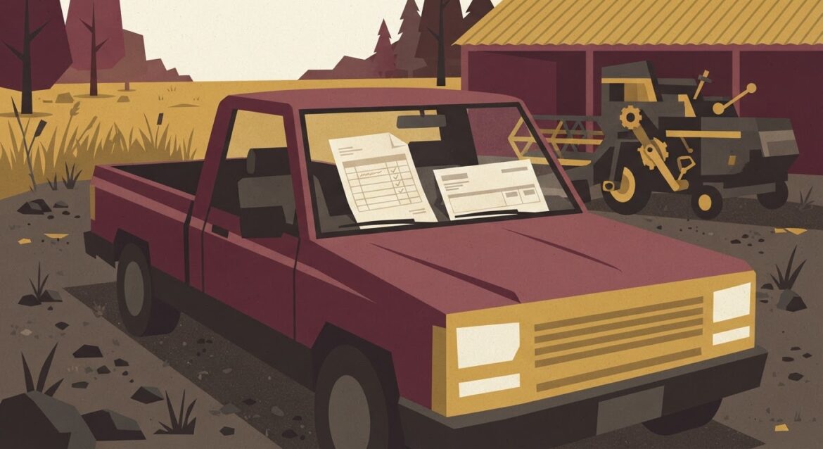 A pickup truck parked outside a rural equipment yard with a work invoice and bank statement on the dashboard