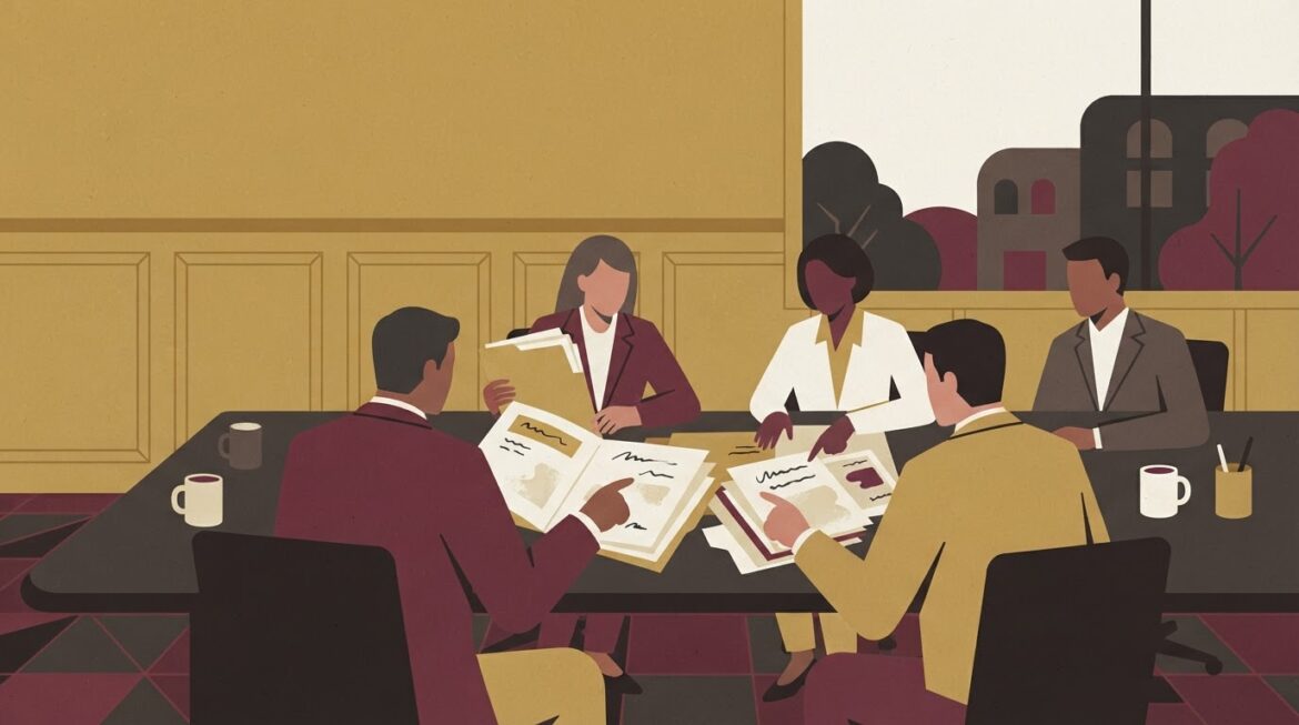 A small conference room table with several community bank officers reviewing a paper loan file together
