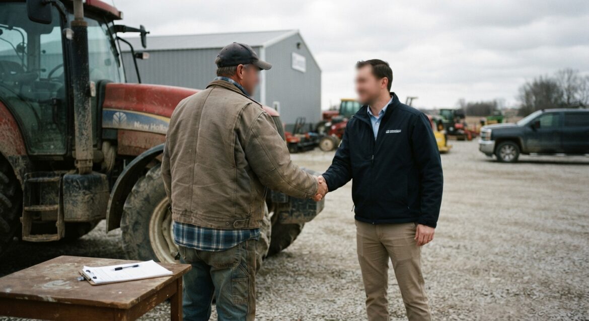 A farmer shaking hands with a dealership salesperson beside a tractor, loan paperwork on a clipboard nearby