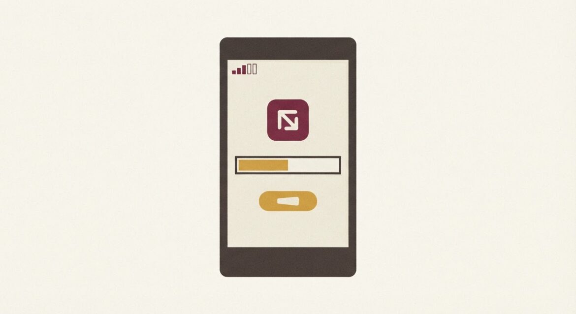 A smartphone showing a stalled app update progress bar with a weak signal indicator in the corner