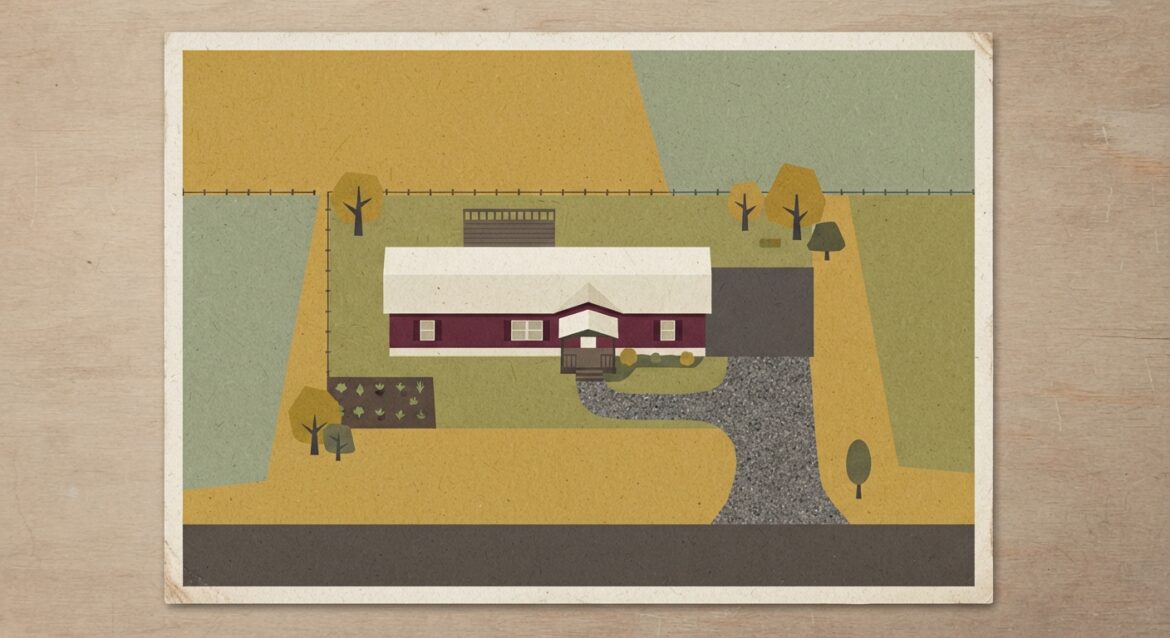 A neat manufactured home on a rural lot with a gravel driveway and open fields behind it