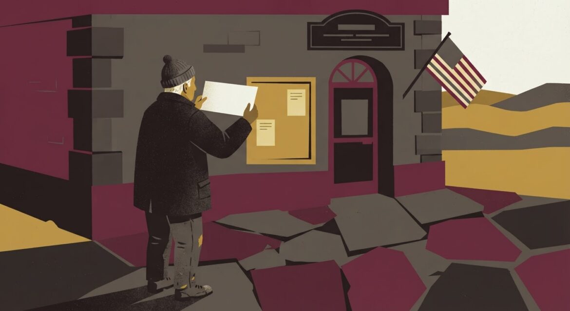 An older rural resident holding a government check outside a small-town post office