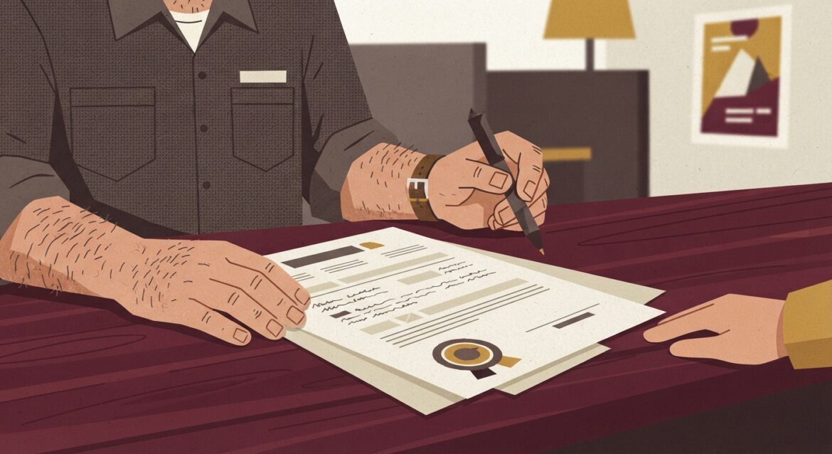 A farmer at a credit union counter reviewing a savings certificate agreement