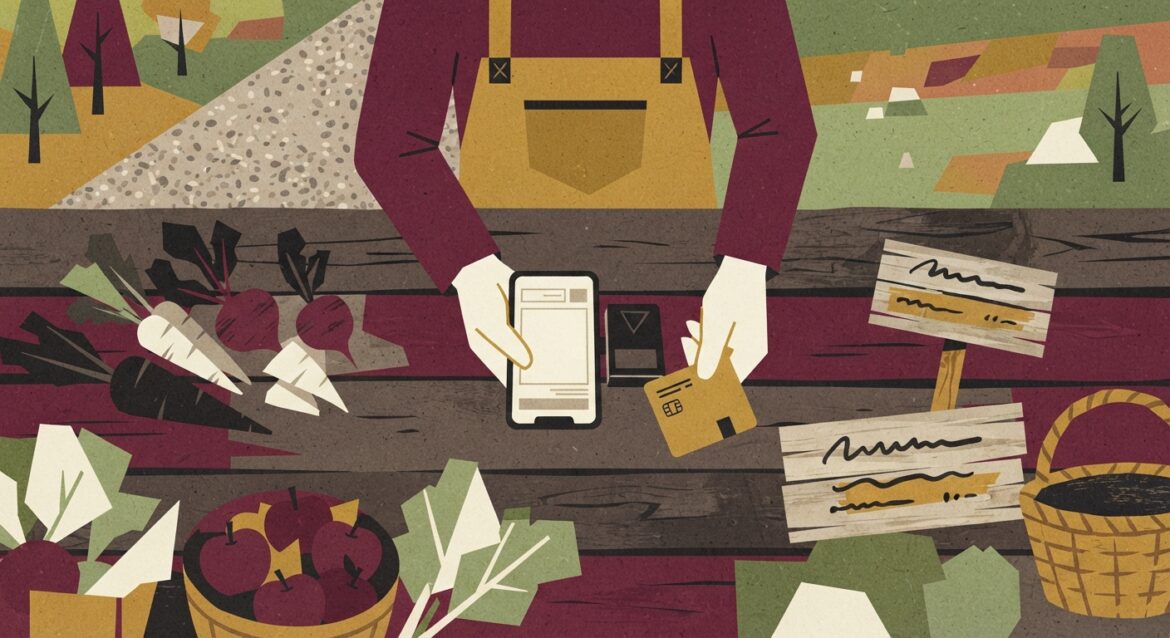 A farm-stand owner holding a card reader connected to a phone hotspot at a rural roadside stand