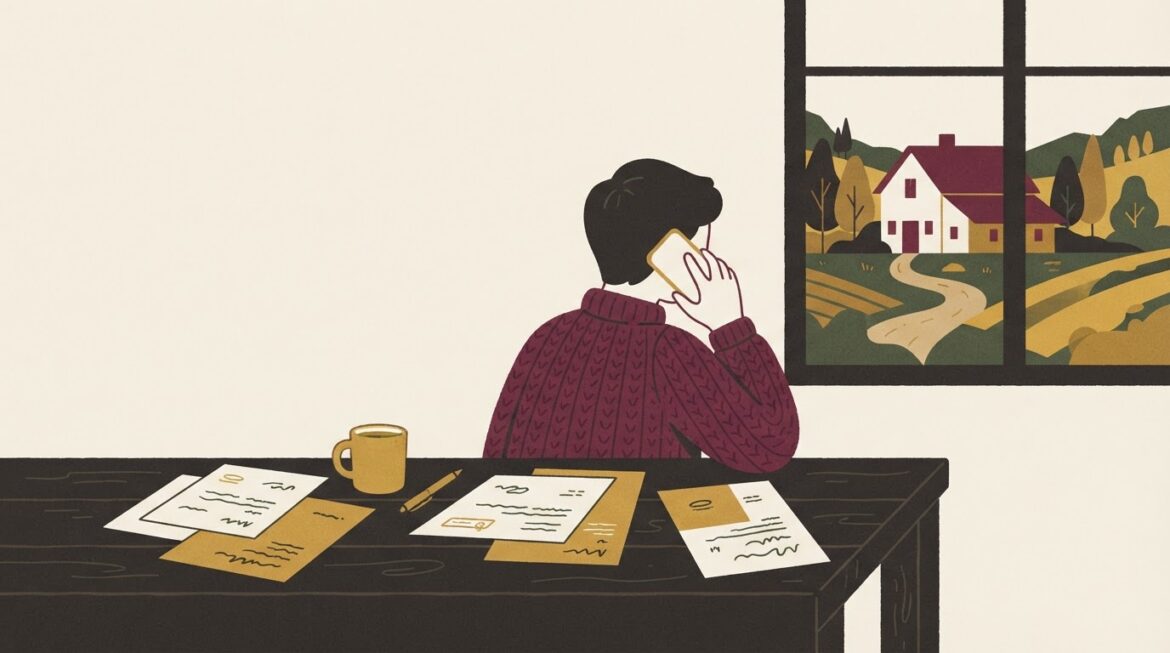 An adult child on a phone call reviewing bank documents at a kitchen table, with a rural farmhouse visible through the window