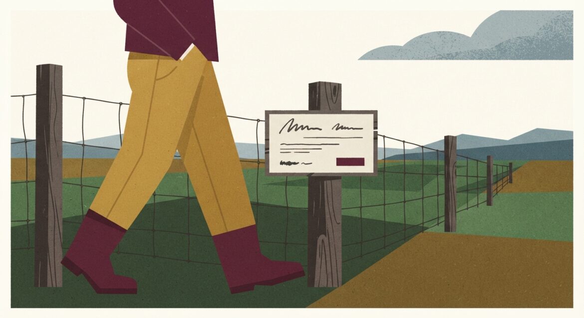 A rural landowner walking a fence line with a hunting lease sign posted on farmland