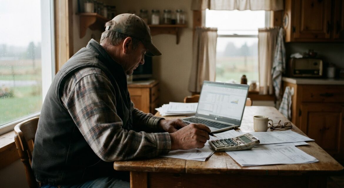 A farmer sitting at a kitchen table reviewing financial paperwork with a laptop and calculator