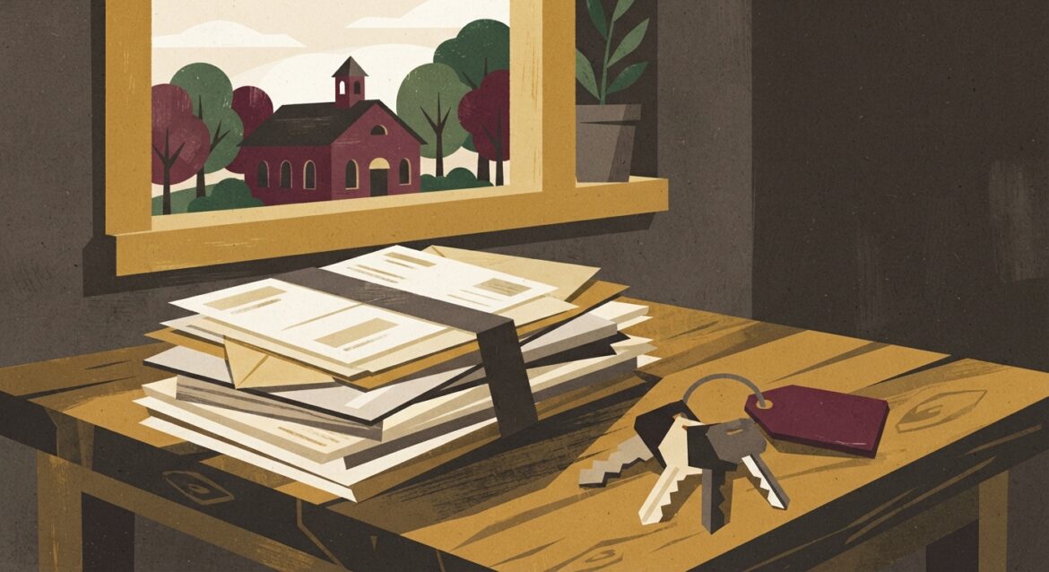 A stack of estate paperwork and car keys on a kitchen table with a small rural courthouse visible through the window