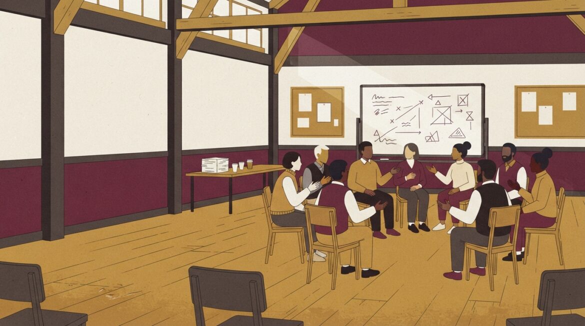A group of townspeople meeting in a community hall discussing plans, with a whiteboard in the background