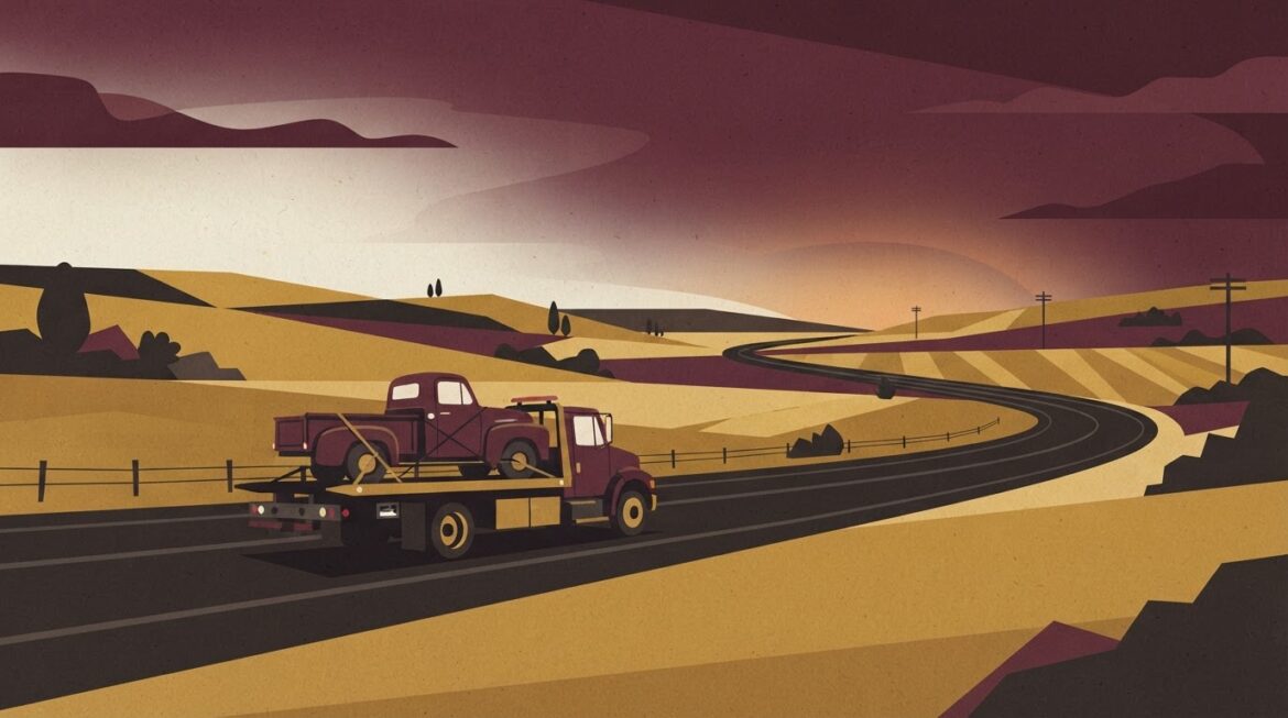 A pickup truck on a flatbed tow truck along a long empty rural highway at dusk