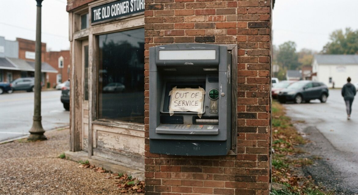 A lone outdoor ATM machine outside a small-town storefront with an 'out of service' sign taped to it