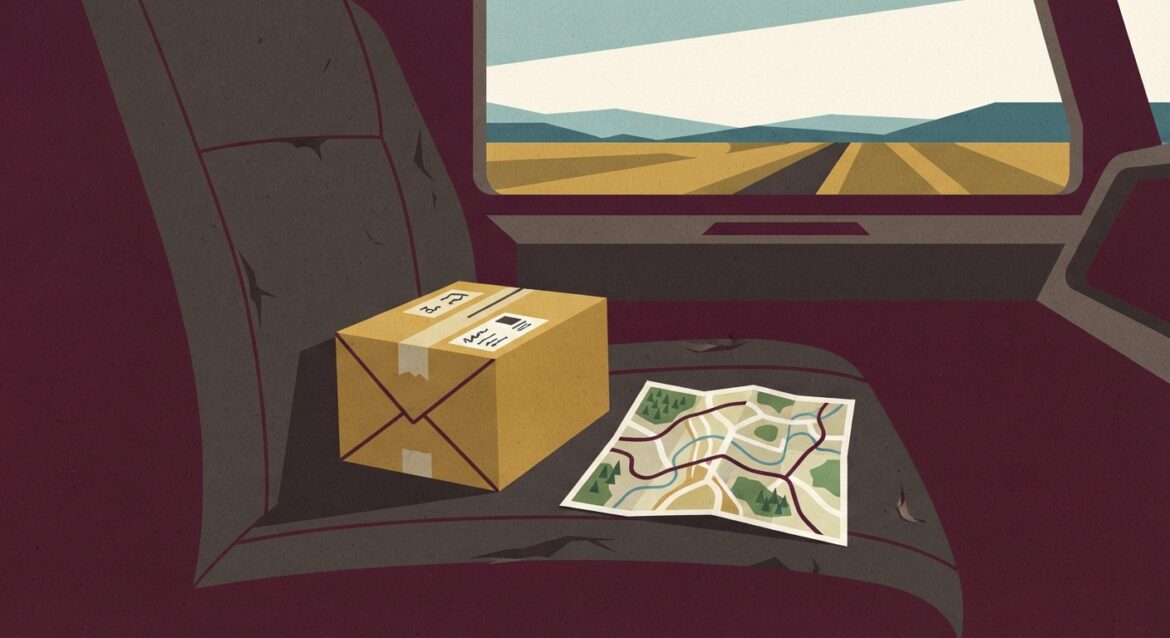 A small cardboard return package sitting on a truck seat next to a rural highway map