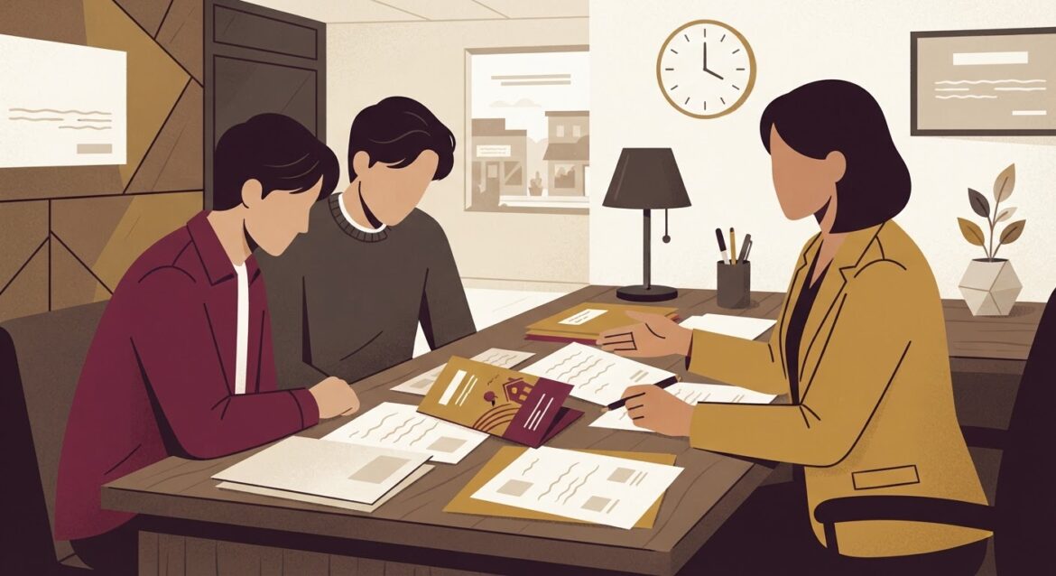 A small-town bank loan officer reviewing paperwork with a young couple, a USDA program brochure visible on the desk