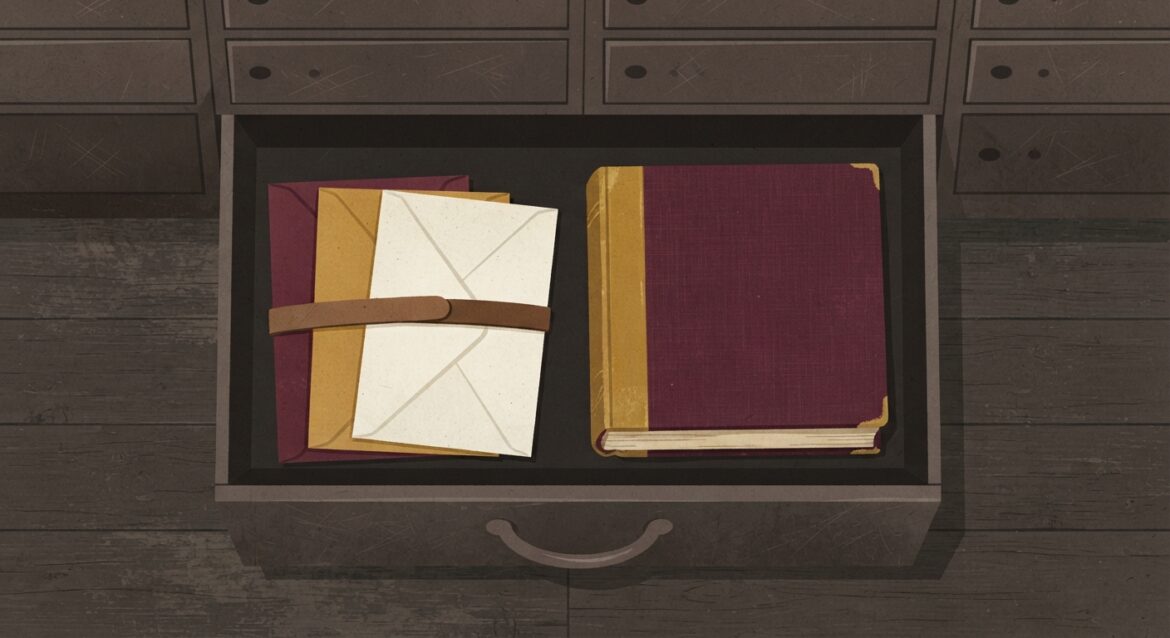 An open safe deposit box drawer with envelopes and a small ledger inside