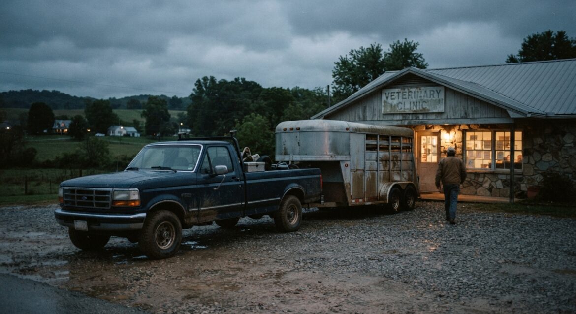 A pickup truck and livestock trailer parked outside a rural veterinary clinic at dusk