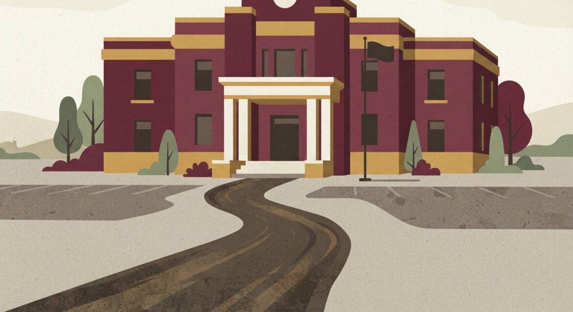 A rural county courthouse with an empty gravel parking lot and a long dirt road leading to it