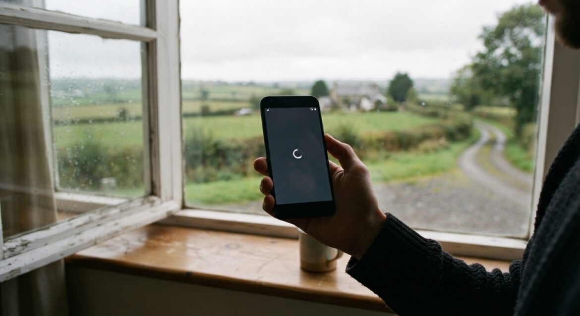 A hand holding a smartphone with a stalled loading screen and one weak signal bar, rural field visible through a window in the background