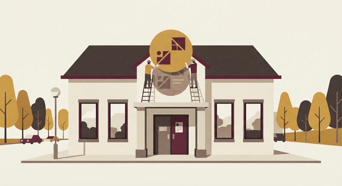 A small-town bank branch with a new corporate sign being installed over the old one