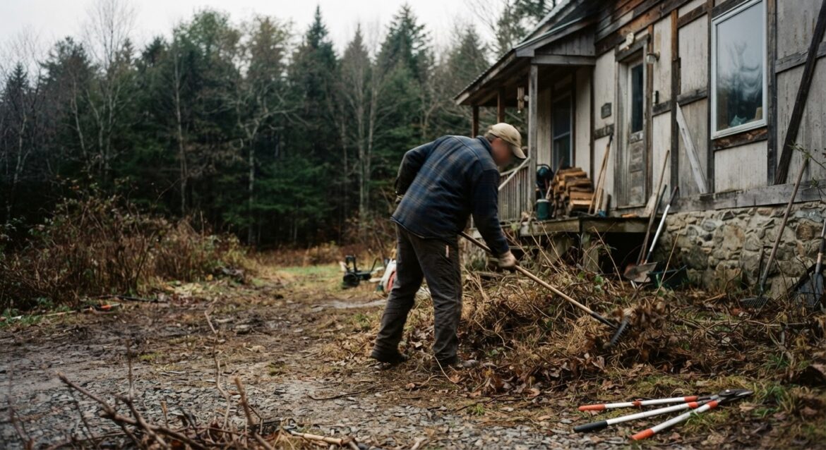 a rural homeowner clearing brush and dry vegetation around a house near a tree line