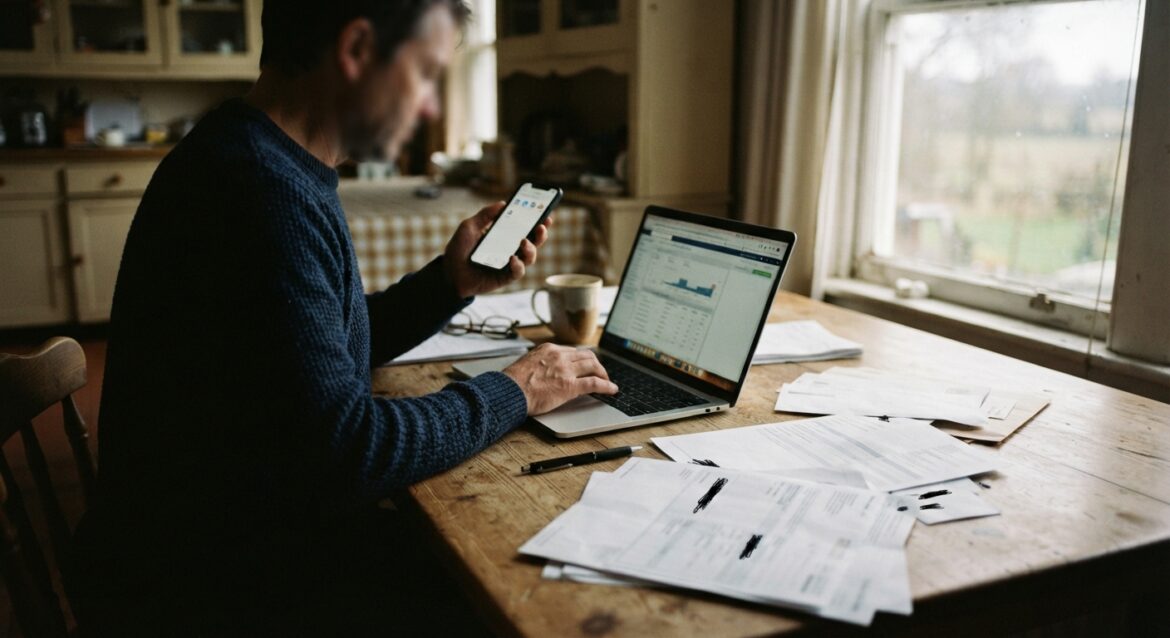 A person on a laptop at a kitchen table in a rural home, phone in hand, reviewing bank documents