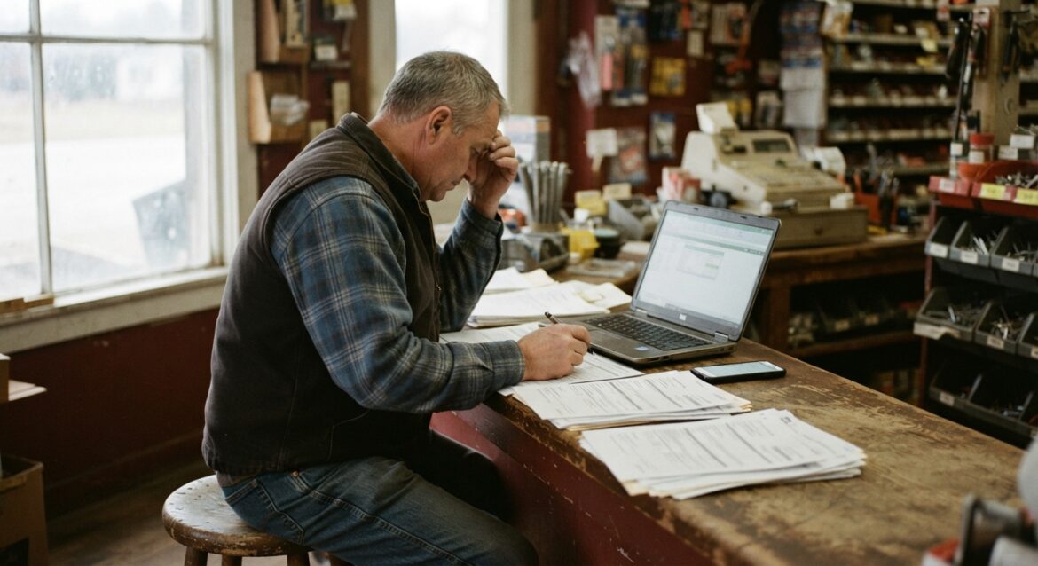 A small-town hardware store owner reviewing loan paperwork at a counter with a laptop and phone nearby