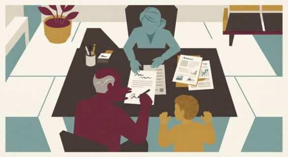 An older man and his grandson sitting across a desk from a credit union loan officer, signing paperwork