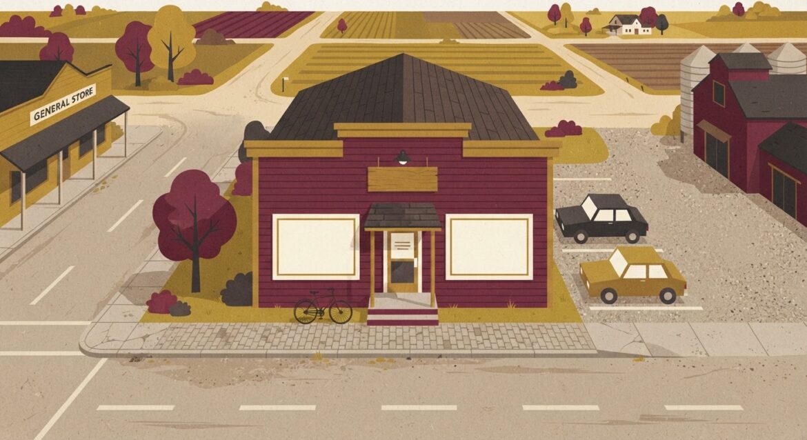 An old rural county mutual insurance office storefront in a small farming town